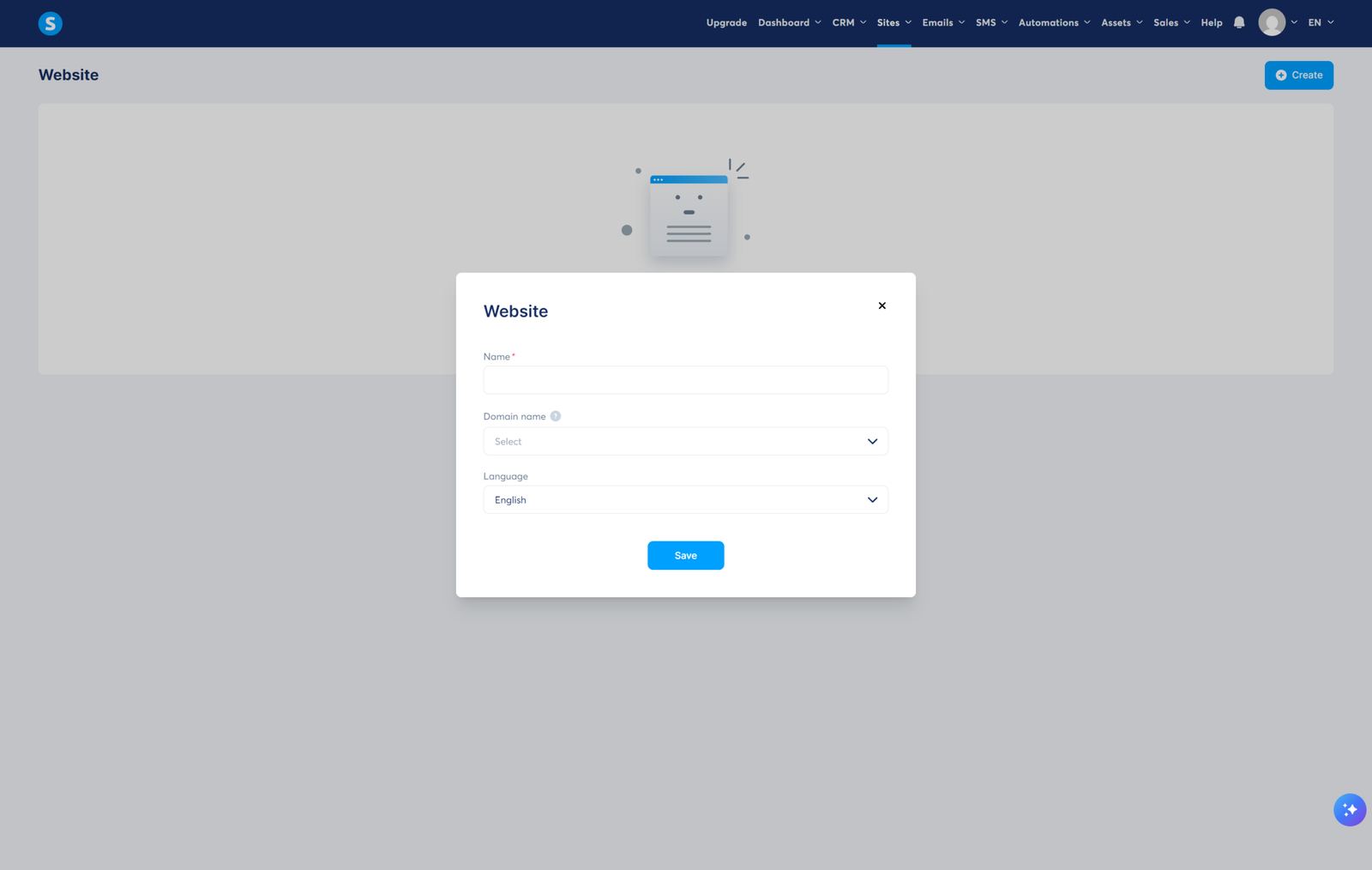 Creating a new website in Systeme.io with name, domain and language fields