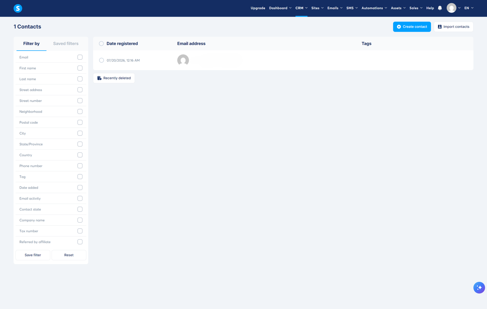 Systeme.io CRM contacts list with filter options on a free account