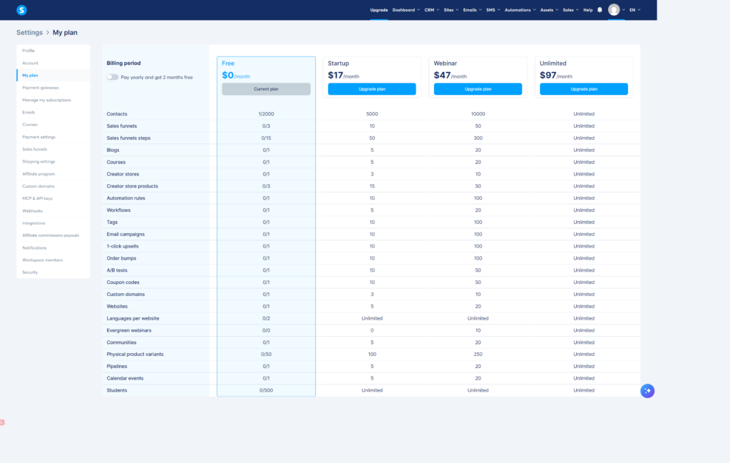 Systeme.io My Plan page comparing Free, Startup, Webinar and Unlimited plan limits